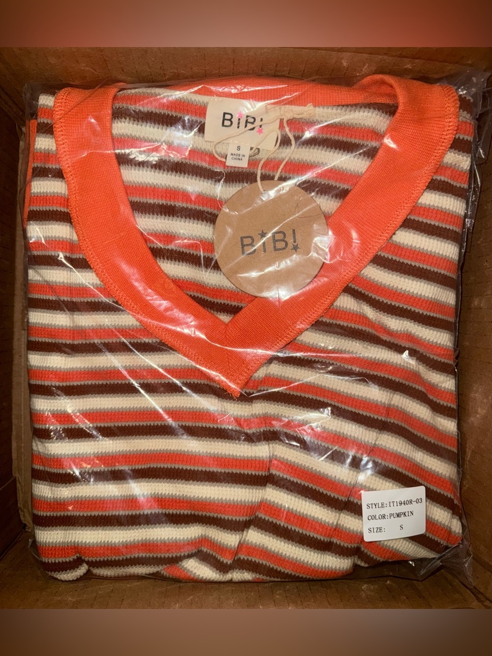 BIBI Striped V-Neck shirt — Pumpkin & Cream Stripe